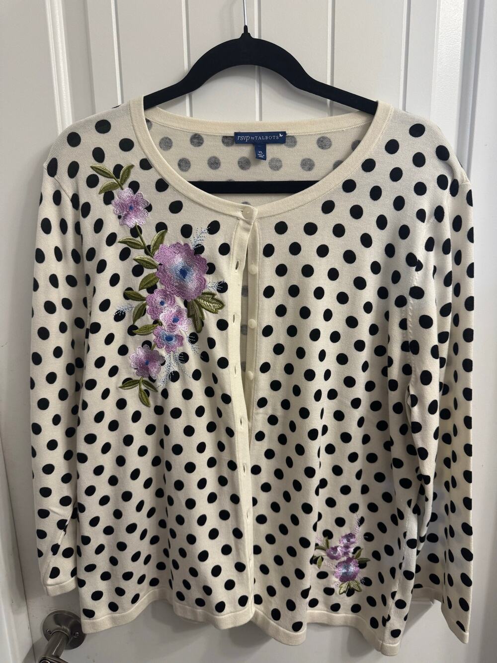 Talbots XL Black/White/Lavender Polka Dot and Floral Cardigan